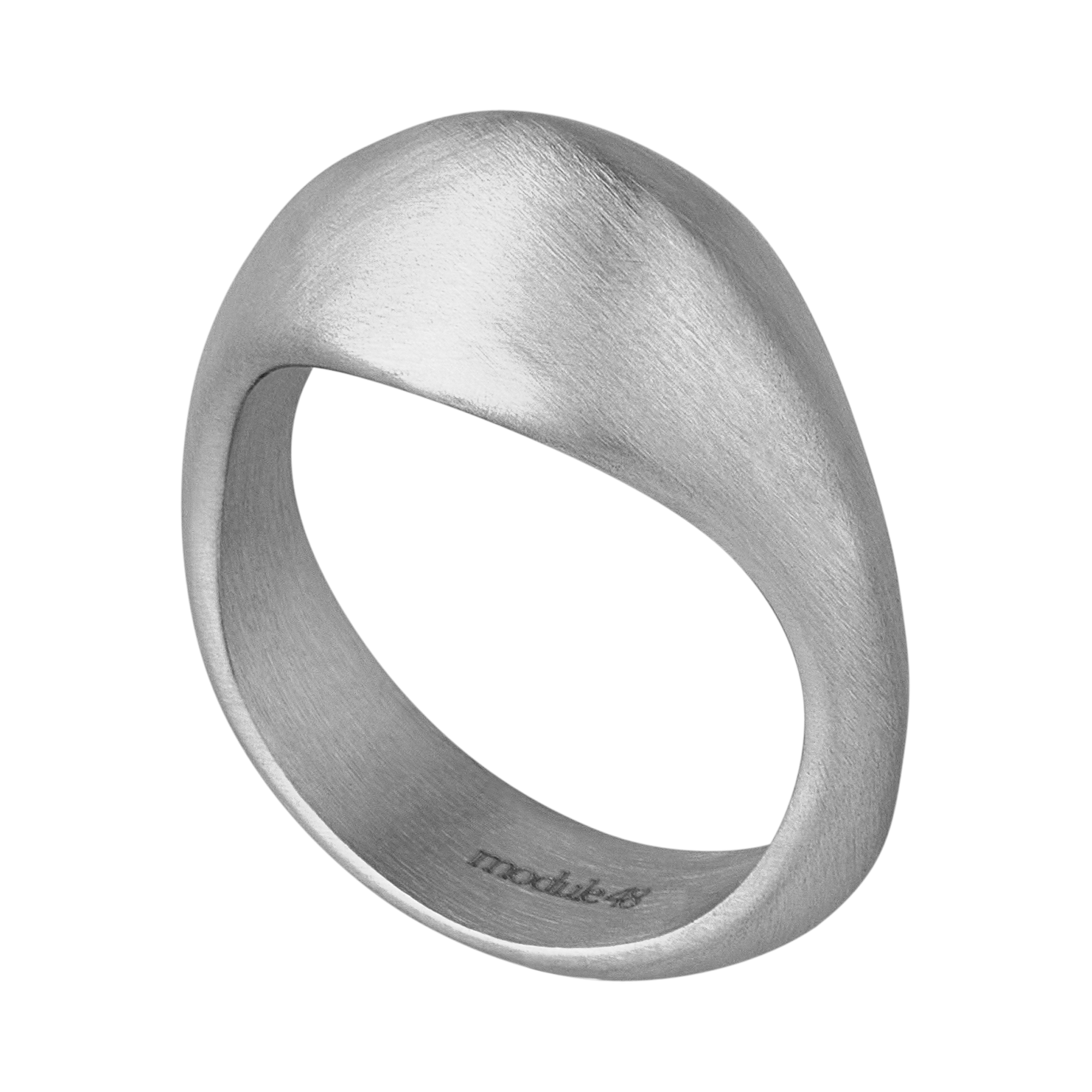 Bague Limen en acier inoxydable argenté, vue de trois quarts avec gravure intérieure Module 48